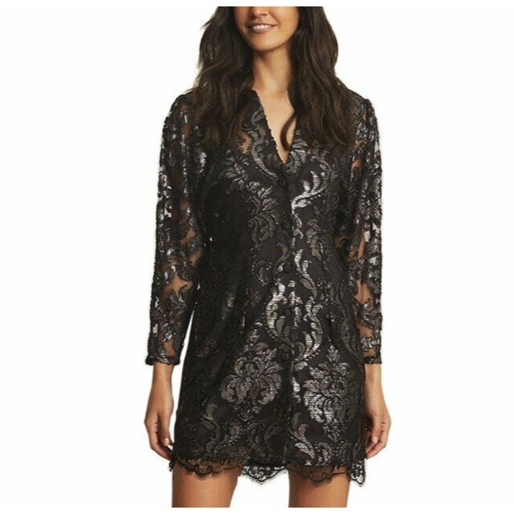 Reiss Womens Black Silver Kaya Metallic Floral Long Sleeve Mini Dress Size 6